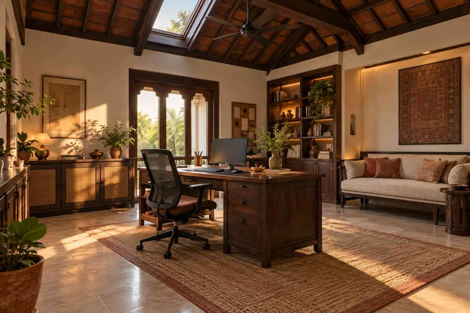 AI-generated home office concept: skylit work retreat, terracotta heritage direction