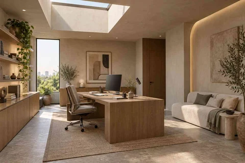 AI-generated home office concept: skylit work retreat, textured mineral direction