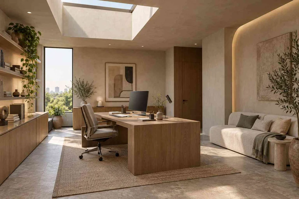 AI-generated home office concept: skylit work retreat, textured mineral direction