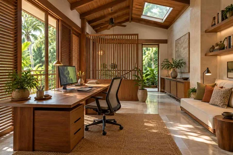 AI-generated home office concept: skylit work retreat, tropical slatted direction