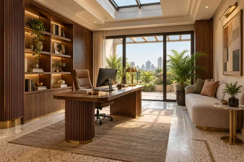 AI-generated home office concept: skylit work retreat, urban deco direction