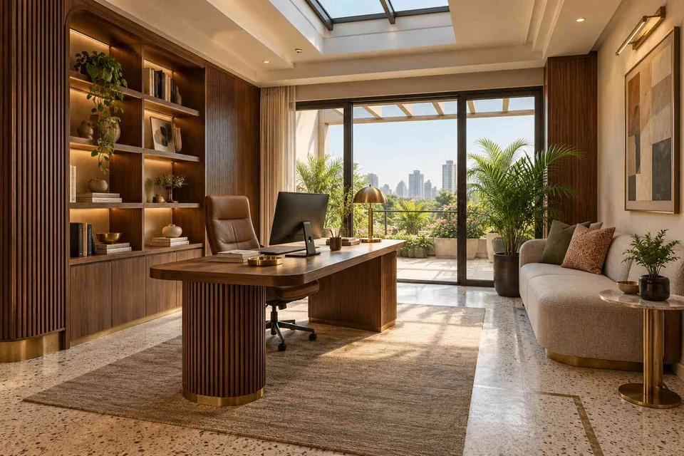 AI-generated home office concept: skylit work retreat, urban deco direction