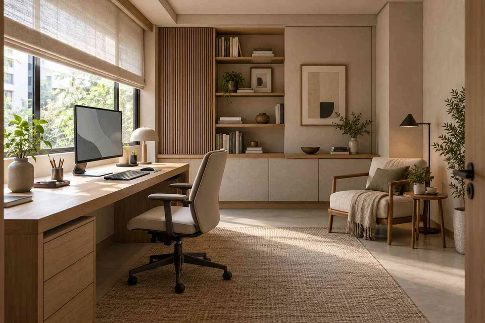 AI-generated home office concept: study and reading corner, ash and linen direction