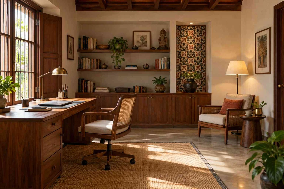 AI-generated home office concept: study and reading corner, chettinad tile direction