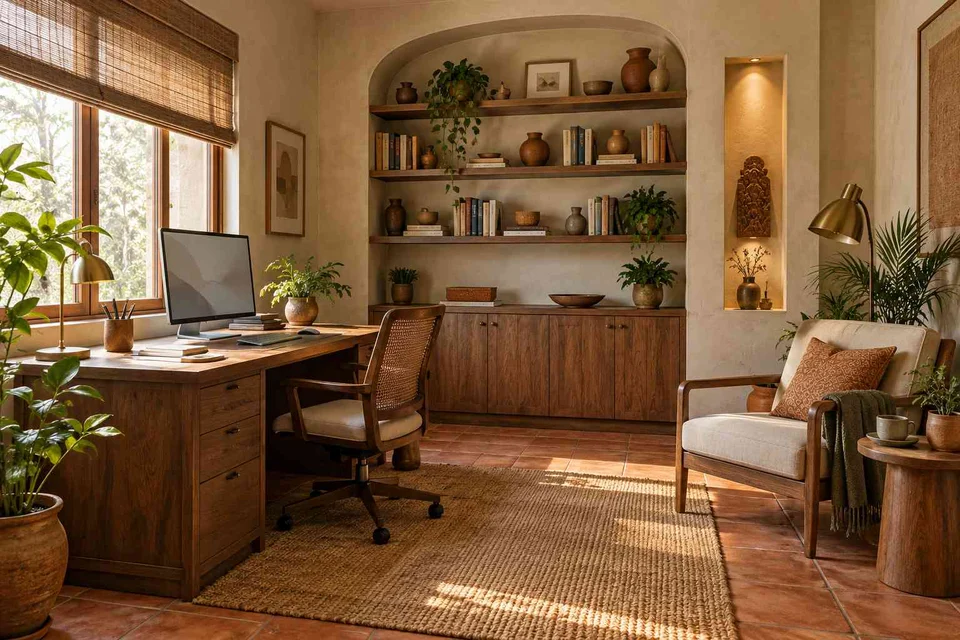 AI-generated home office concept: study and reading corner, clay artisan direction