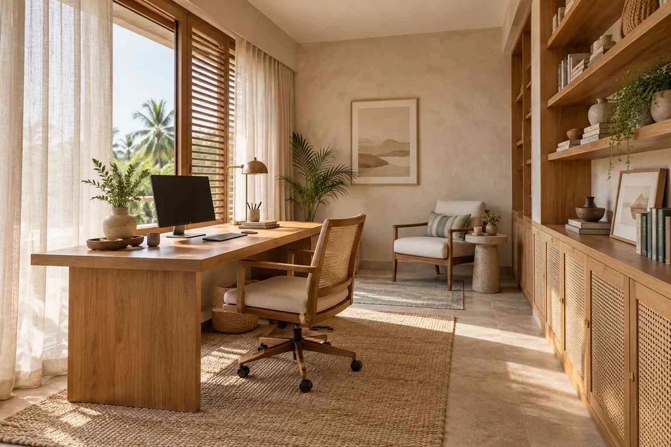 AI-generated home office concept: study and reading corner, coastal woven direction