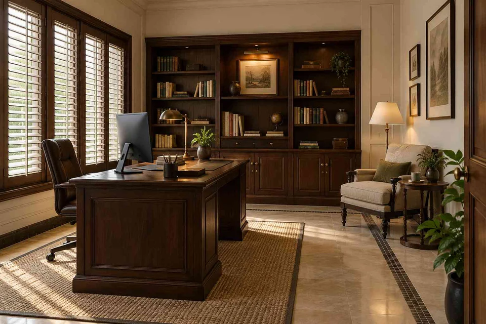 AI-generated home office concept: study and reading corner, colonial quiet direction