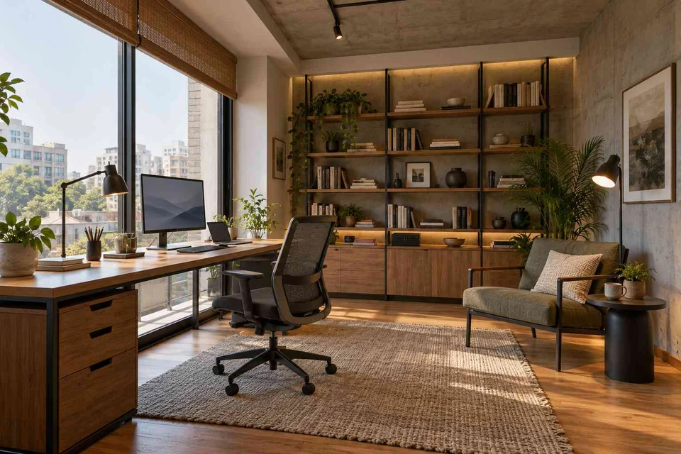 AI-generated home office concept: study and reading corner, concrete and oak direction
