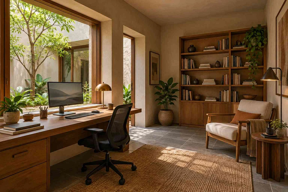 AI-generated home office concept: study and reading corner, courtyard modern direction
