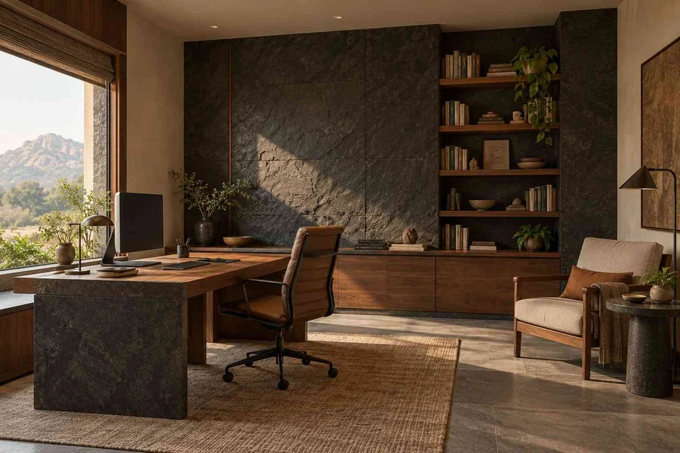 AI-generated home office concept: study and reading corner, deccan stone direction