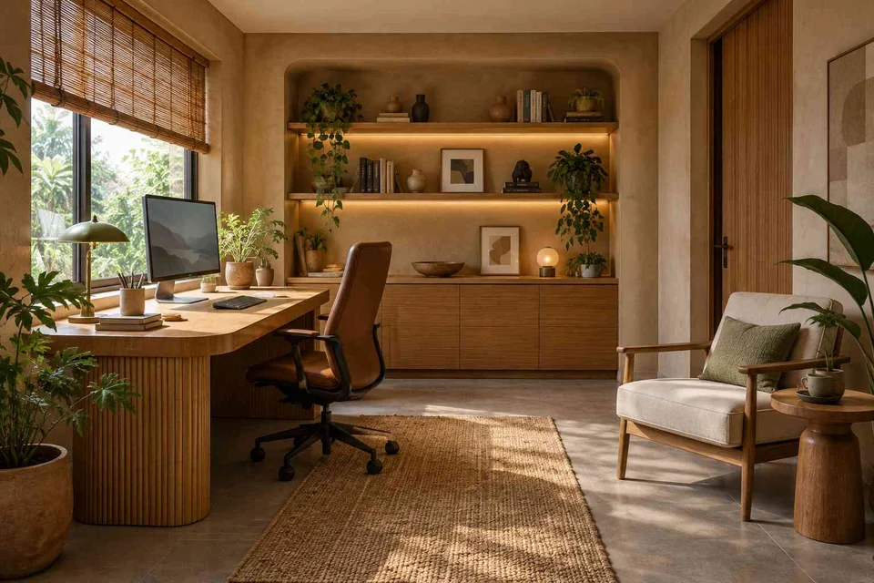 AI-generated home office concept: study and reading corner, earth and bamboo direction