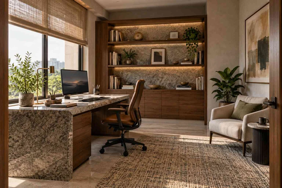 AI-generated home office concept: study and reading corner, granite precision direction