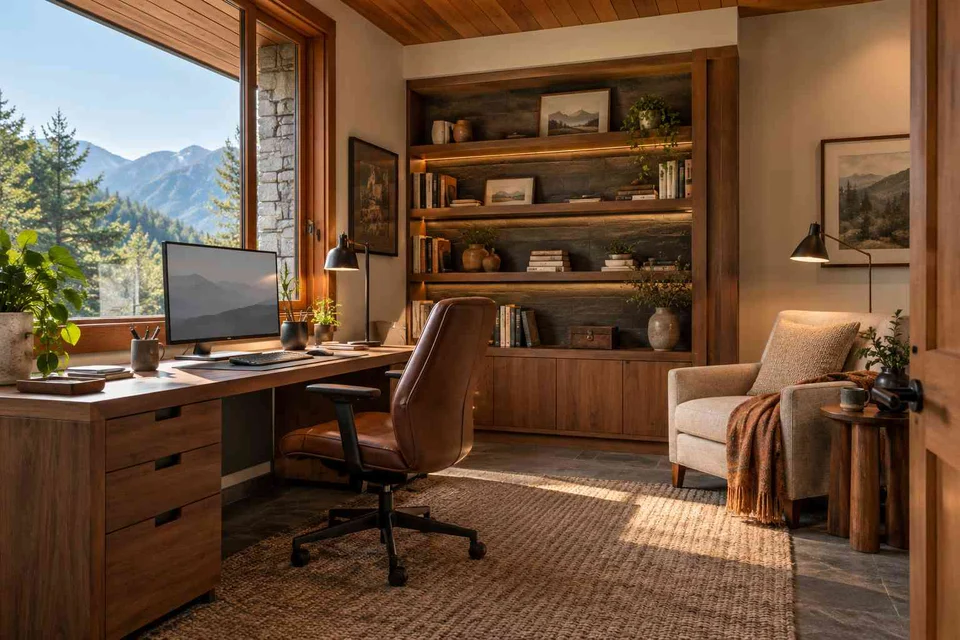 AI-generated home office concept: study and reading corner, hill timber direction