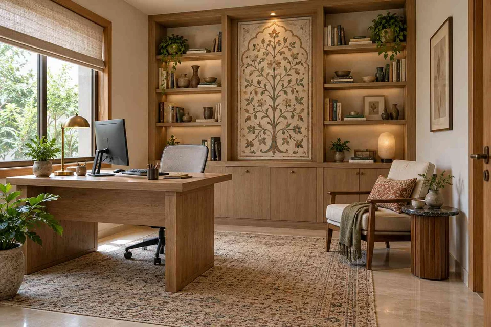 AI-generated home office concept: study and reading corner, inlay atelier direction