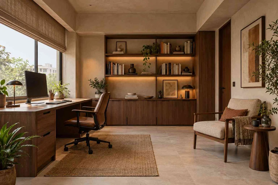 AI-generated home office concept: study and reading corner, lime and walnut direction