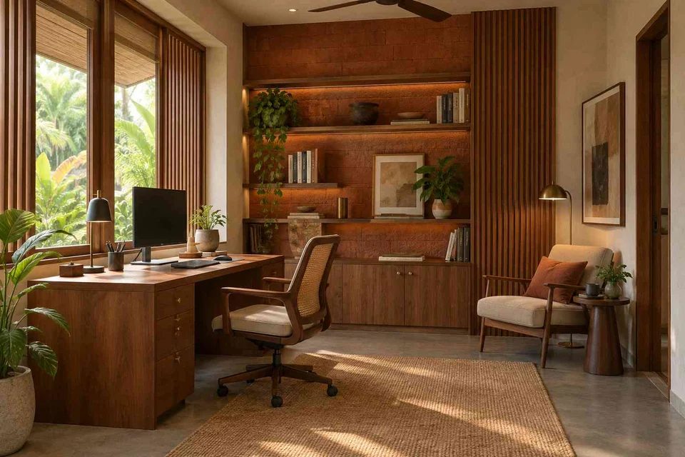 AI-generated home office concept: study and reading corner, malabar timber direction