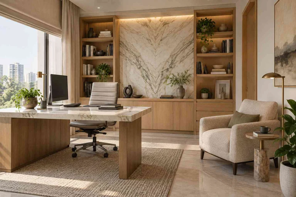 AI-generated home office concept: study and reading corner, marble restraint direction