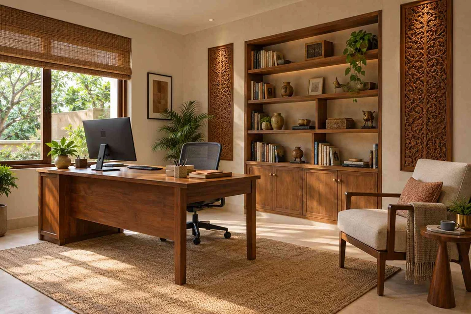 AI-generated home office concept: study and reading corner, modern carved direction