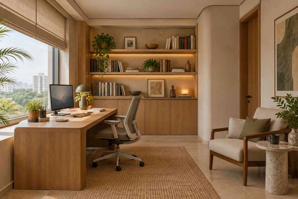 AI-generated home office concept: study and reading corner, quiet contemporary direction