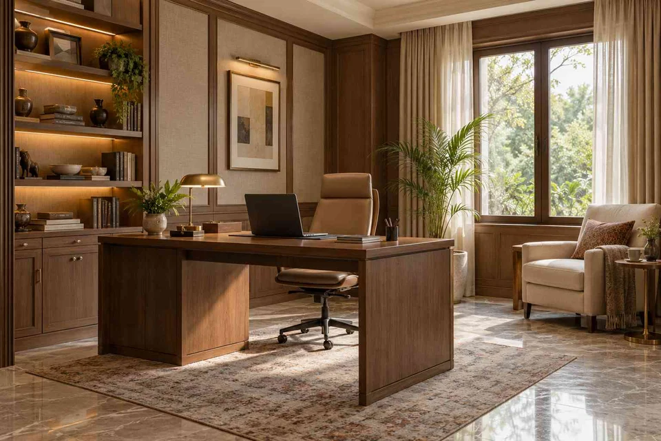 AI-generated home office concept: study and reading corner, quiet transitional direction