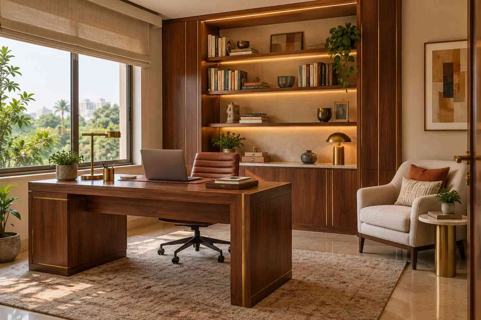 AI-generated home office concept: study and reading corner, rosewood brass direction
