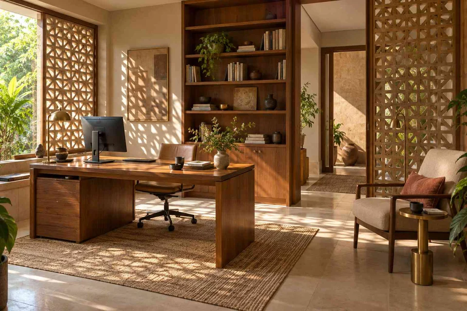 AI-generated home office concept: study and reading corner, sandstone lattice direction