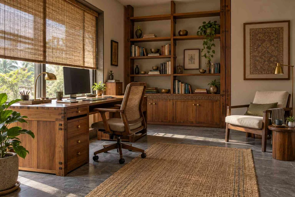 AI-generated home office concept: study and reading corner, teak craft direction