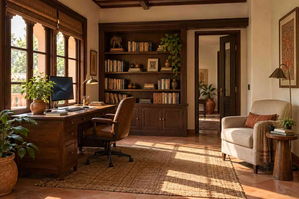 AI-generated home office concept: study and reading corner, terracotta heritage direction