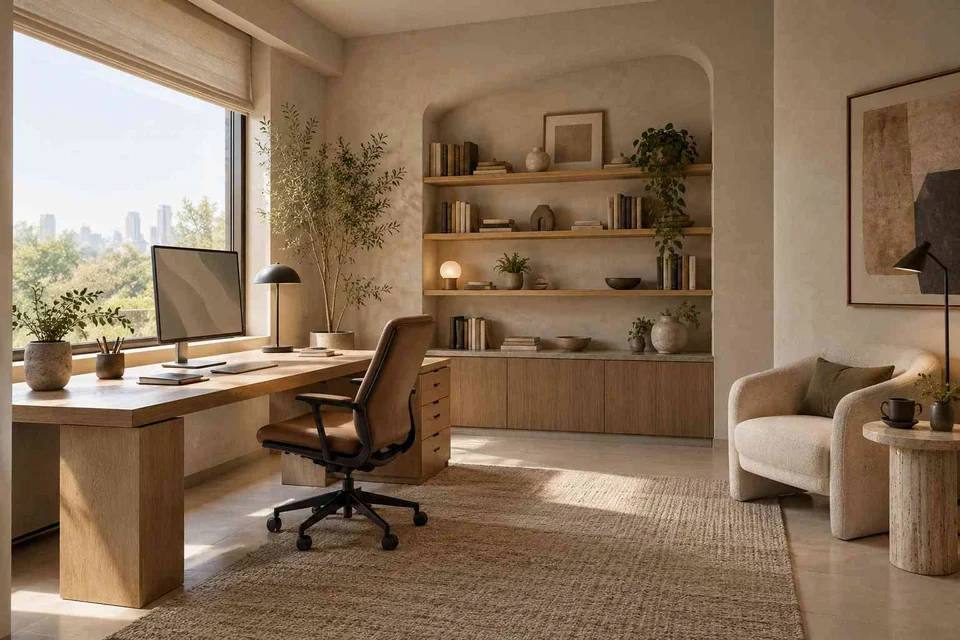 AI-generated home office concept: study and reading corner, textured mineral direction