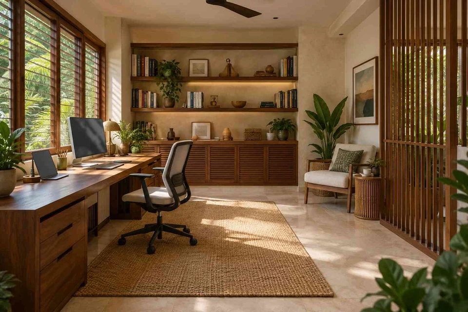AI-generated home office concept: study and reading corner, tropical slatted direction