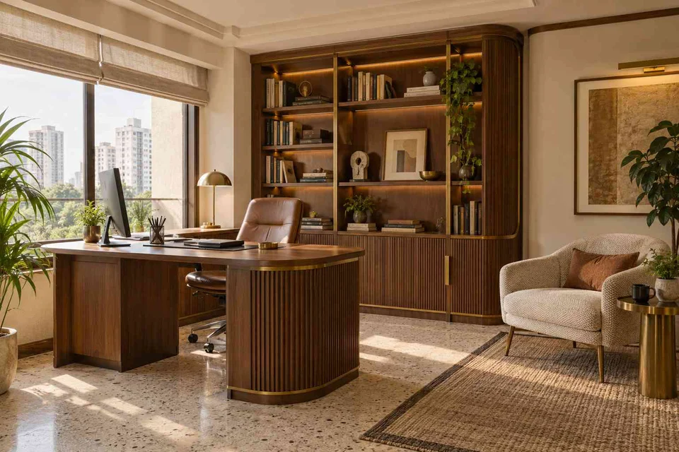 AI-generated home office concept: study and reading corner, urban deco direction