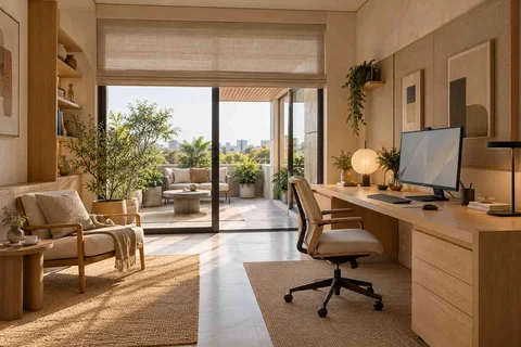 AI-generated home office concept: terrace-edge work suite, ash and linen direction
