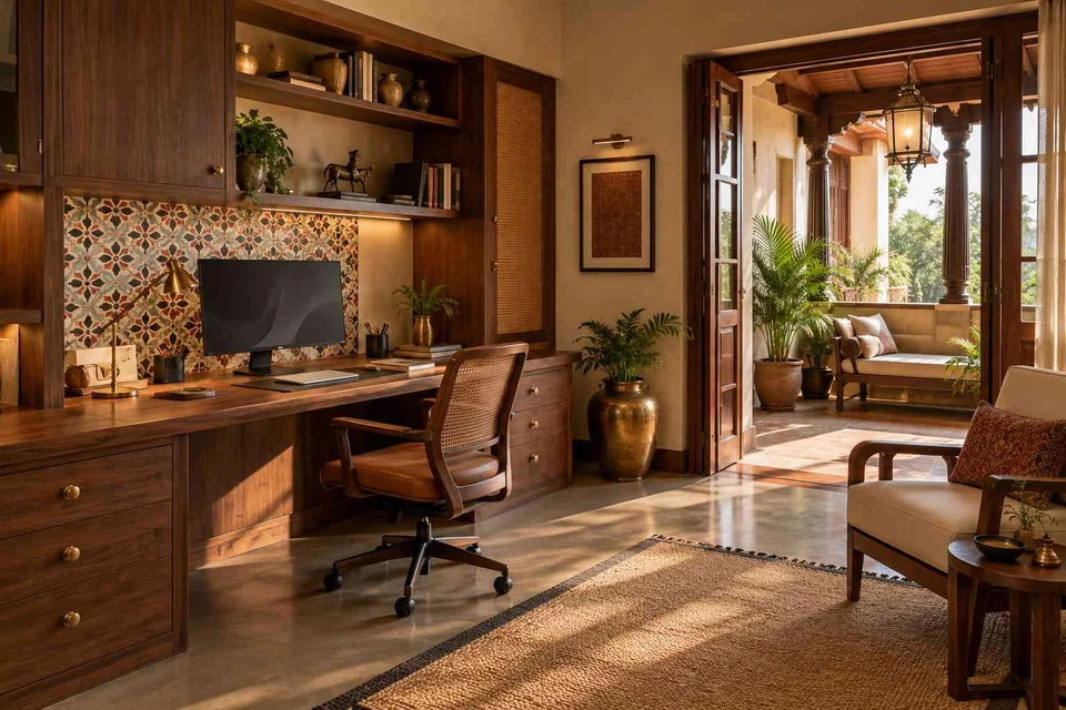 AI-generated home office concept: terrace-edge work suite, chettinad tile direction