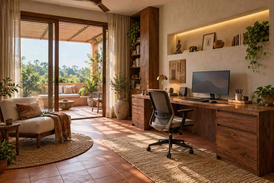 AI-generated home office concept: terrace-edge work suite, clay artisan direction