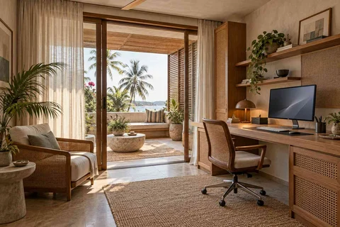 AI-generated home office concept: terrace-edge work suite, coastal woven direction