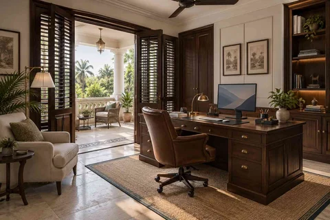 AI-generated home office concept: terrace-edge work suite, colonial quiet direction