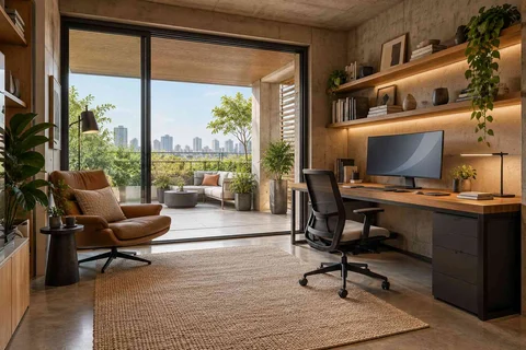 AI-generated home office concept: terrace-edge work suite, concrete and oak direction