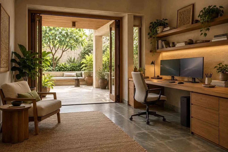 AI-generated home office concept: terrace-edge work suite, courtyard modern direction