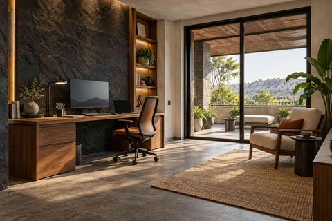 AI-generated home office concept: terrace-edge work suite, deccan stone direction