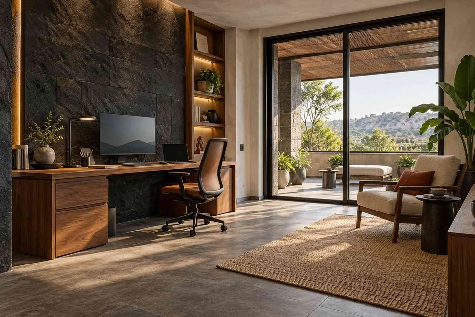 AI-generated home office concept: terrace-edge work suite, deccan stone direction
