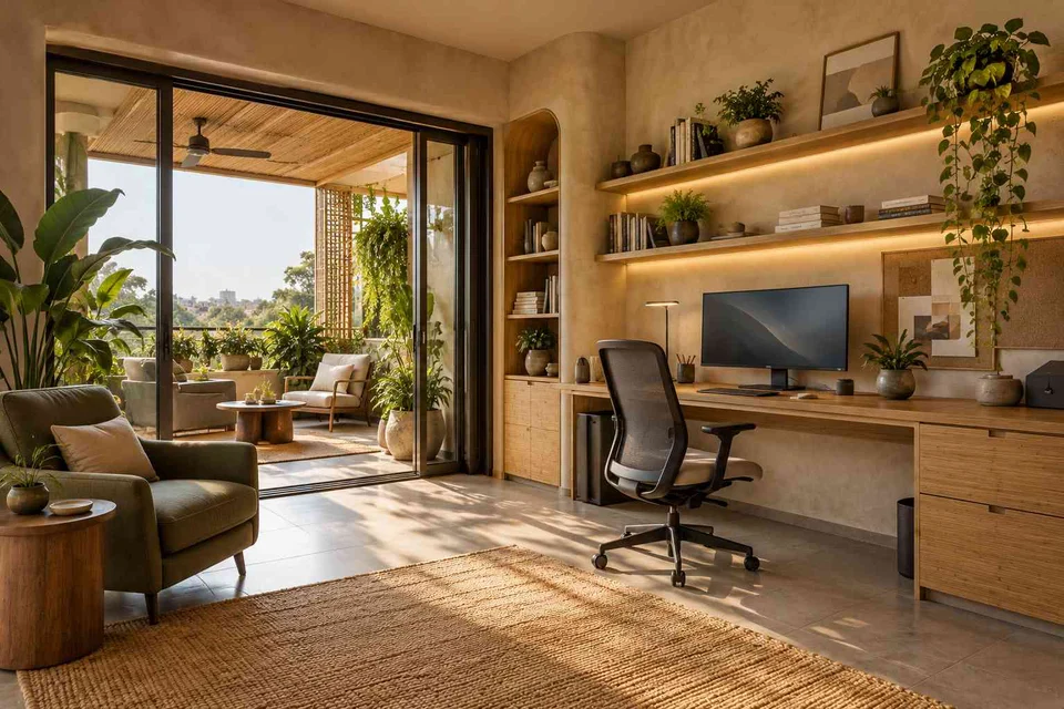 AI-generated home office concept: terrace-edge work suite, earth and bamboo direction