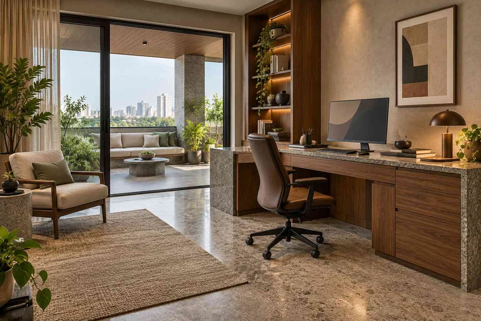AI-generated home office concept: terrace-edge work suite, granite precision direction
