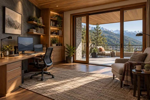 AI-generated home office concept: terrace-edge work suite, hill timber direction