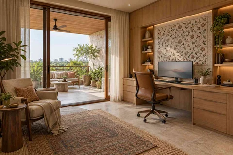 AI-generated home office concept: terrace-edge work suite, inlay atelier direction