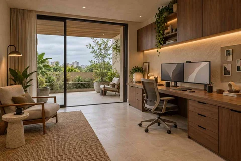 AI-generated home office concept: terrace-edge work suite, lime and walnut direction