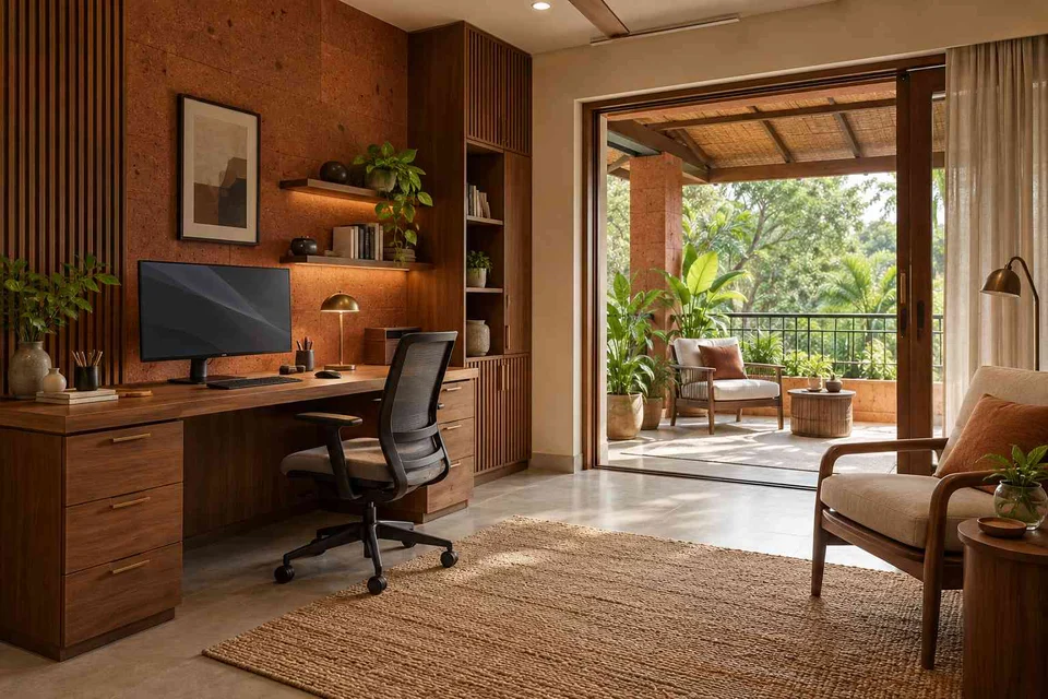 AI-generated home office concept: terrace-edge work suite, malabar timber direction