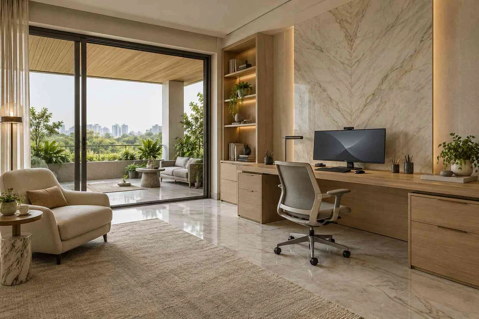 AI-generated home office concept: terrace-edge work suite, marble restraint direction