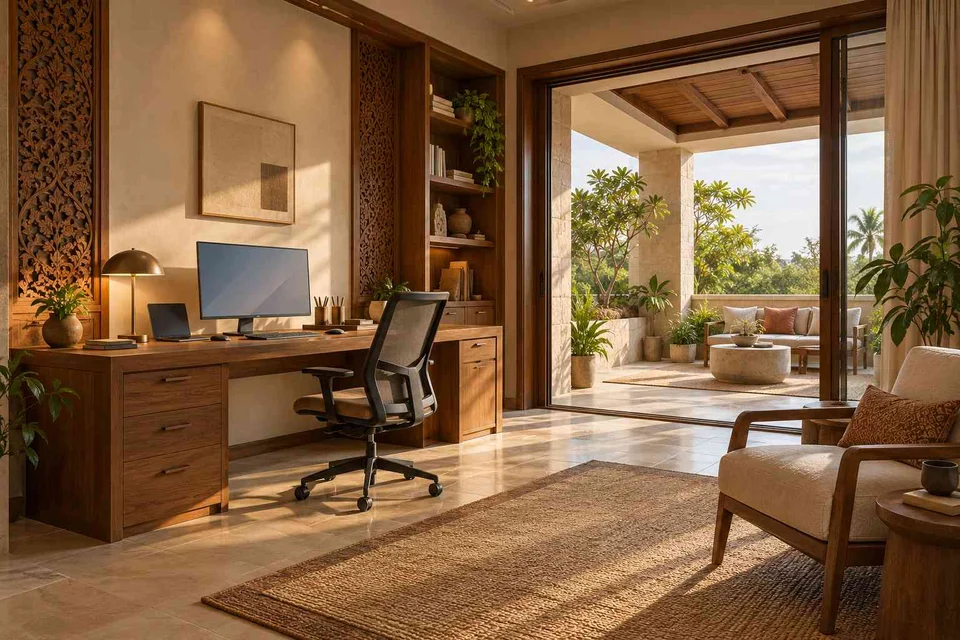 AI-generated home office concept: terrace-edge work suite, modern carved direction