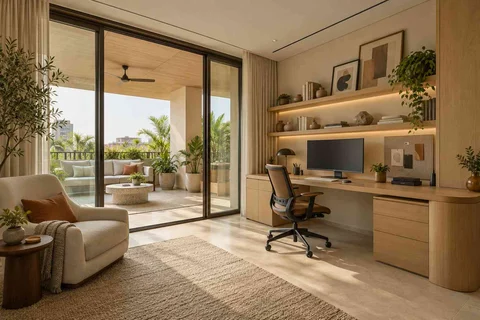 AI-generated home office concept: terrace-edge work suite, quiet contemporary direction