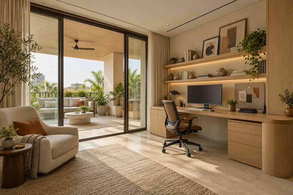 AI-generated home office concept: terrace-edge work suite, quiet contemporary direction